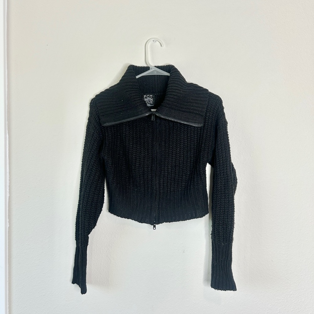 Black Knit Sweater with Zip-Up Front